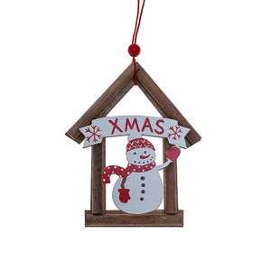 Wooden Christmas house ornament with snowman figure and red hanging string on white background
