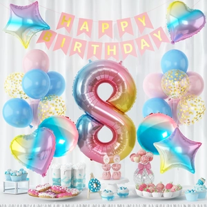 8th birthday party decor set with pink happy birthday banner and gradient number 8 balloon