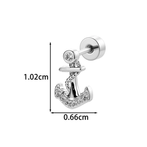 Silver anchor stud earring with zircon micro-pave and screw back design, 1.02cm height