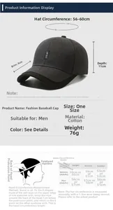Guide des tailles de casquette de baseball avec tour de tête 56-60cm et détails en coton
