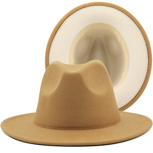Classic camel fedora with cream lining, featuring a wide flat brim and retro wool texture