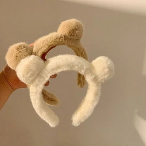 Cute plush bear ear headband in khaki and beige for women's skincare and makeup