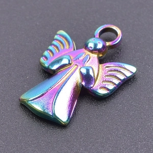 Detailed close-up of a rainbow-colored angel pendant in polished titanium steel metal