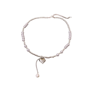 Faux pearl heart pendant necklace in silver, elegant asymmetrical choker design for women