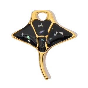 Detailed view of manta ray pendant in gold plating with black shell inlay design