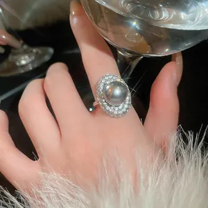 French Style Oval Grey Imitation Artificial Pearl Ring With Double Zircon Halo Inlay Adjustable Copper Finger Jewelry For Women