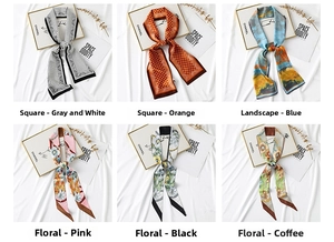 Detailed grid view of six floral and geometric print silky narrow twilly scarves