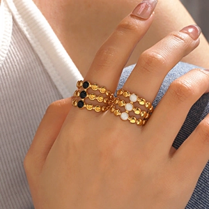 Triple Row Stainless Steel Ring For Women Vintage 18K Gold Plated Round Enamel Inlay Geometric Adjustable Finger Jewelry