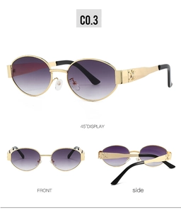 Detail view of oval metal sunglasses with purple gradient lenses and gold relief temple