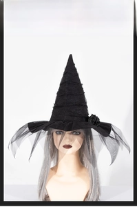 Detail of gothic witch hat with black mesh veil and artificial rose for Halloween costumes