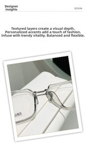 Detail of grey transparent eyewear frame showing UV400 lens protection and nose bridge