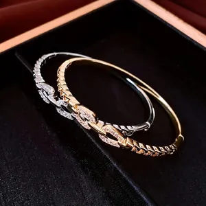 Copper Bangle Bracelet Gold Plated Interlocking Double Ring Pave Cubic Zirconia Luxury Minimalist Jewelry For Women