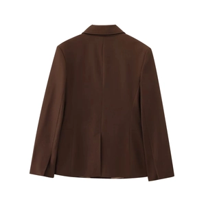 Back view of a dark brown blazer featuring a flared hem and professional tailoring