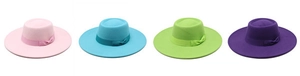 Chapeaux fedora à sommet plat en rose, bleu, vert et violet avec rubans et nœuds chic