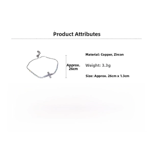 Detail of silver finish cross bracelet made of copper and cubic zirconia with slider clasp