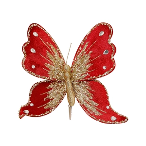 Sparkling red and gold sequin butterfly clip ornament for festive Christmas tree decoration