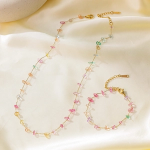 Colorful natural tourmaline beaded necklace and bracelet set with gold finish chain
