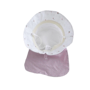 Baby sun hat with cherry print and pink checkered neck flap and breathable mesh lining
