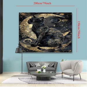 Bohemian black cat tapestry with gold crescent moon and stars on a living room wall