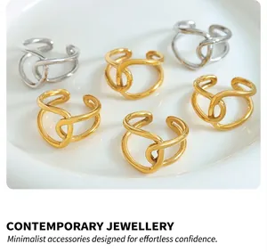 Detail of twisted 18K gold and silver plated titanium steel rings on a white plate