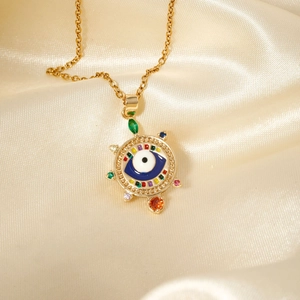 Detailed macro shot of copper gold evil eye pendant with vibrant multicolor cubic zirconia