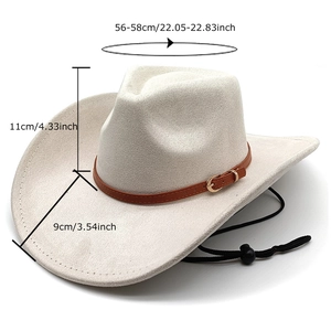 Cream suede western cowboy hat with brown leather band and adjustable chin strap