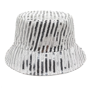 Detailed view of silver and black sequin striped bucket hat with reflective surface