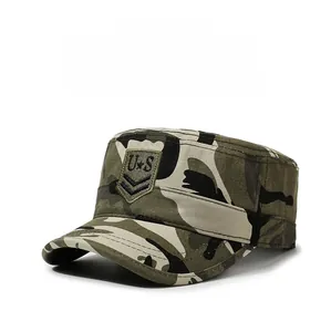 Detail view of camouflage flat top tactical cap with embroidered US military patch