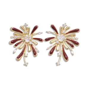 Vintage gold fireworks stud earrings with red enamel hearts and zircon accents for women