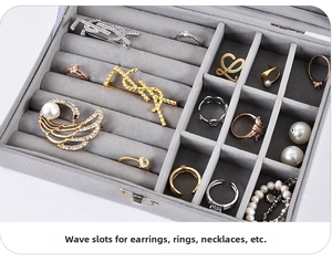 Detailed view of grey velvet jewelry organizer with wave slots for rings and earrings