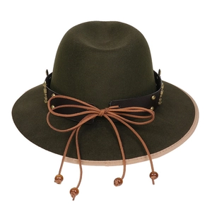 Close-up of olive green wool fedora with leather band, studs, and wood beads detail