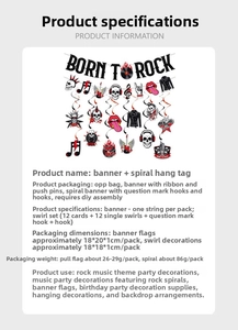 Detailed view of rock music theme party decorations including banners and spiral hangings