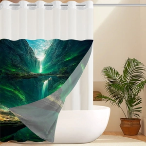 Waterproof waffle shower curtain with forest waterfall print and metal ring top hooks