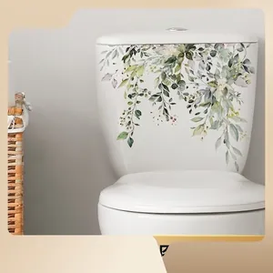 Watercolor green leaf plant wall stickers on white ceramic toilet tank for home decor