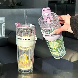 Vertical striped glass coffee cups with silicone sleeves in white and purple colors
