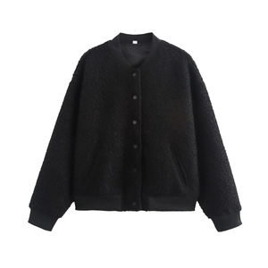 Classic black fleece baseball jacket with ribbed collar and snap button closure
