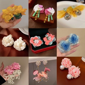 Floral Mesh Flower Earrings With Silver Earring Post Elegant Fabric Artificial Pearl Crystal Tassel Dangle Jewelry For Women