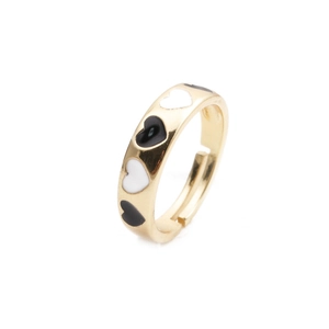 Fashionable gold open heart ring with black and white enamel pattern for women