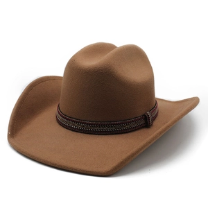 Classic brown wool felt western cowboy hat with ethnic braided band and curved brim