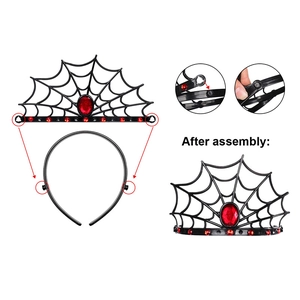 Halloween spider web headband with red rhinestones showing assembly steps on white background