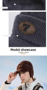 Close-up of winter knit hat interior lining and leather logo tag with ear protection
