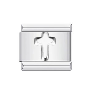 Italian charm bracelet link in silver stainless steel with raised cross pattern detail