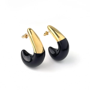 Modern 18K gold and black enamel waterdrop J-hook earrings for women in a minimalist style