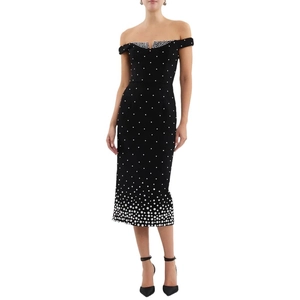 Robe midi élégante à épaules dénudées noire avec ornements de perles pour femmes chic