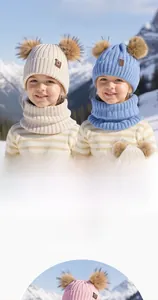 Kids winter knit set with thick double pompom hat, cozy neck warmer, and gloves