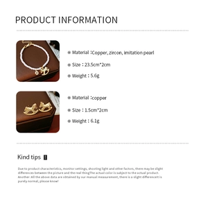 Detail showing specifications for zircon pearl bracelet and copper stud earrings set
