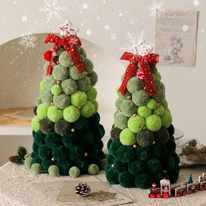 DIY desktop mini Christmas tree with gradient green pom-poms and red bow decoration