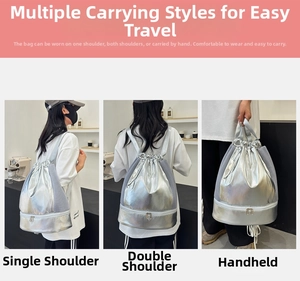 Silver drawstring bag featuring a separate bottom wet-dry compartment and mesh side panels