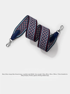 Detailed 5cm wide woven shoulder strap with blue leather ends and silver metal buckles