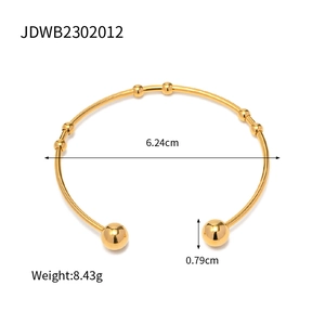 Detail view of 18K gold stainless steel open cuff bracelet with dimensions and weight info